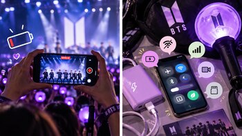 Un teléfono celular que registra un concierto en vivo y otro conectado a un cargador portátil junto a una linterna de BTS