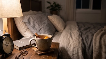 Taza humeante con canela y cáscara de naranja, reloj despertador, anteojos, libro y lámpara encendida junto a una cama con almohadas.