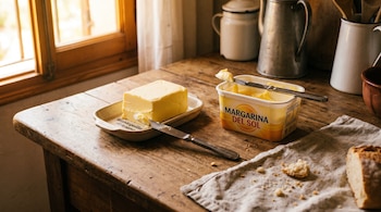 Mantequilla en plato y margarina en tarrina sobre una mesa de madera rústica con cuchillos, migas de pan y un paño de lino, bañados por luz natural cálida.