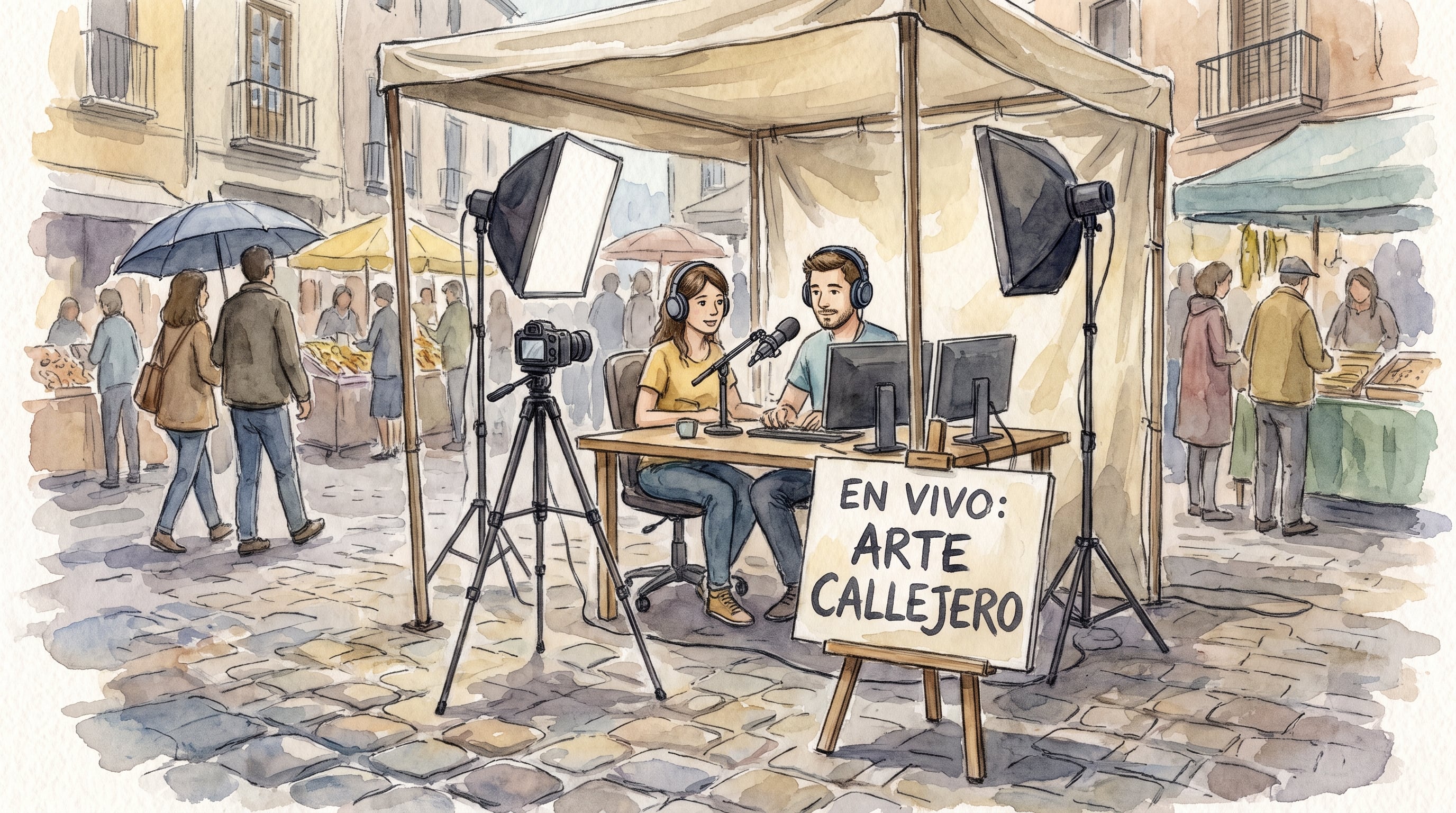 Dos creadores de contenido realizan una transmisión en vivo sobre arte callejero desde un puesto instalado en un mercado al aire libre. (Imagen Ilustrativa Infobae)