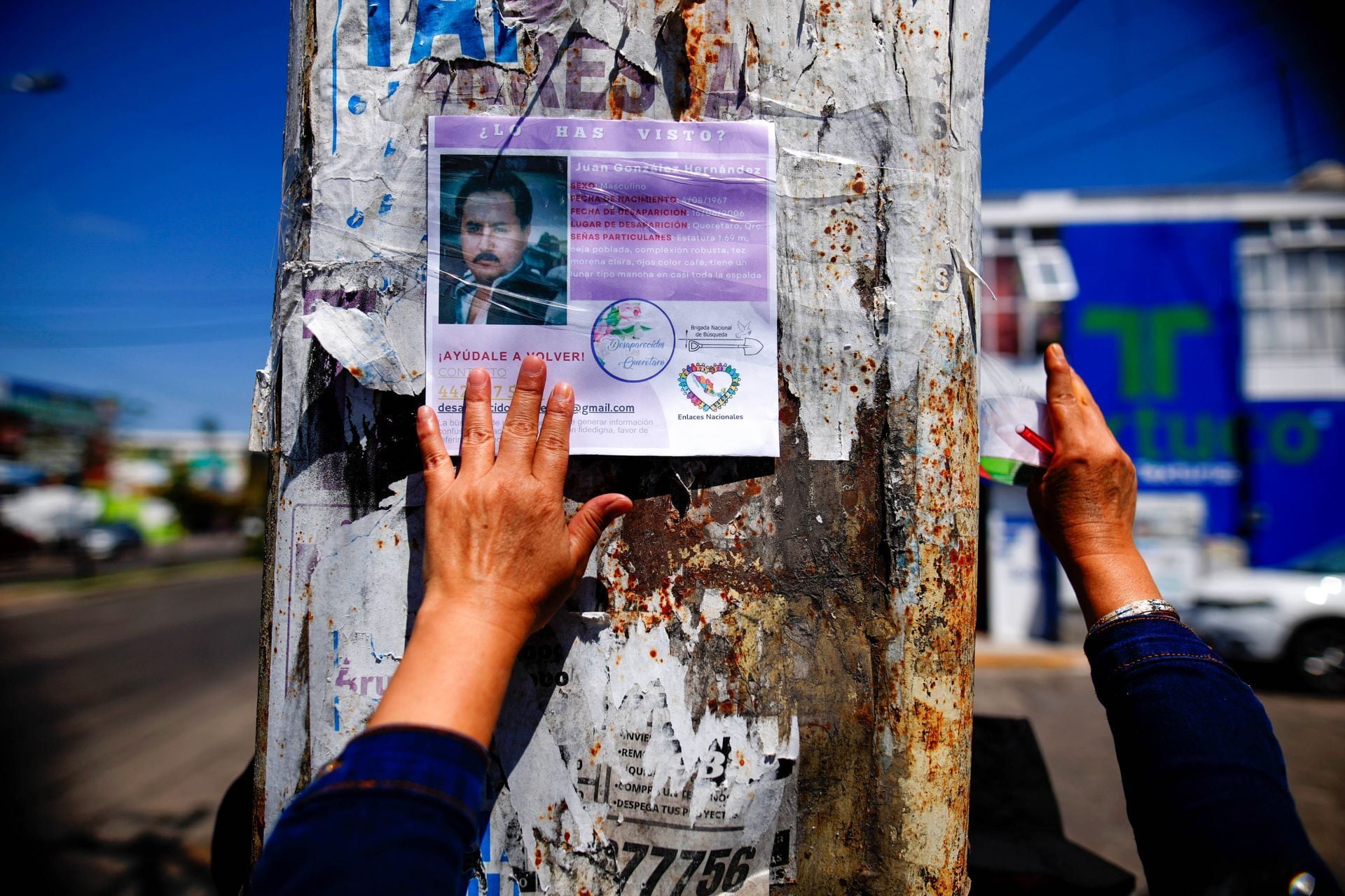 El colectivo Luz de Esperanza de Jalisco continúa cada domingo con jornadas de pega de cédulas de búsqueda para visibilizar la crisis de desaparecidos en esa entidad sede del Mundial 2026.|Crédito: Cuartoscuro