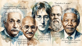 Un collage estilo acuarela de Albert Einstein, Mahatma Gandhi, John Lennon, Sócrates y Nelson Mandela con citas inspiradoras en español sobre un fondo beige.