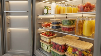 Primer plano de un refrigerador moderno y abierto, mostrando estantes llenos de frutas, verduras, jugos y otros alimentos frescos en recipientes de vidrio con tapas de bambú.