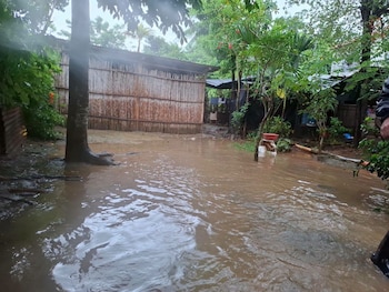 Agua barrosa inunda el suelo frente a casas de madera y chapa. Hay árboles, vegetación densa y ropa tendida en un tendedero al fondo