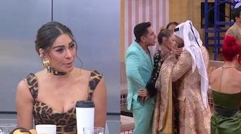Fotografía dividida que muestra a una mujer con ropa de estampado felino a la izquierda y a personas con disfraces en un set a la derecha.