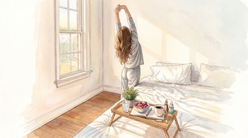 Mujer de cabello castaño estirándose en una cama. Una bandeja tiene un vaso con agua, tazón de yogur y frutos rojos, taza de café, anotador, bolígrafos, planta y dos frascos.