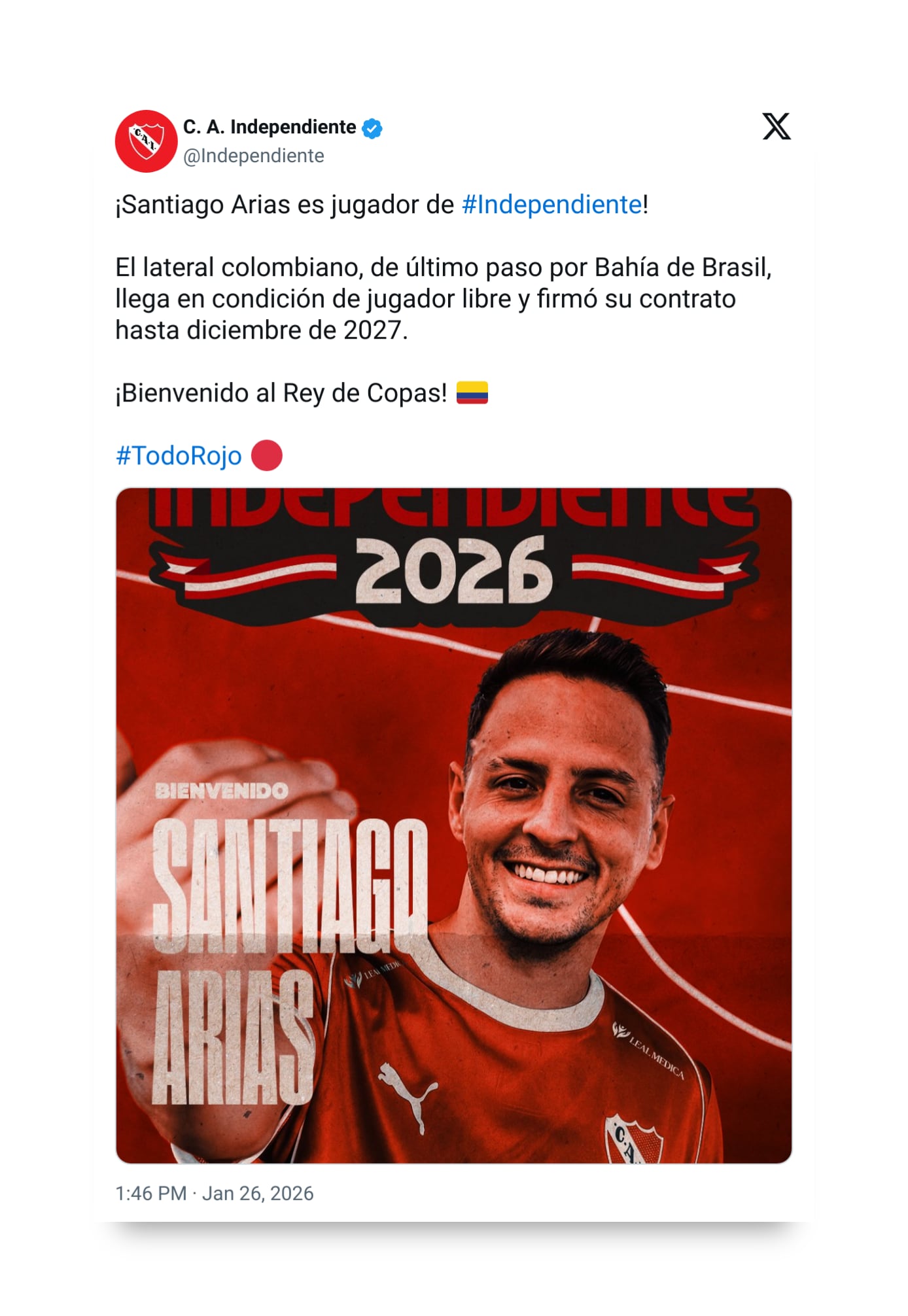 Independiente oficializó a Santiago Arias como nuevo refuerzo