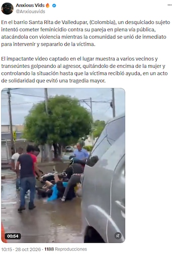 Ciudadanos evitaron que continuara un ataque contra una mujer frente a un colegio en Valledupar - crédito @Anxiousvids/X