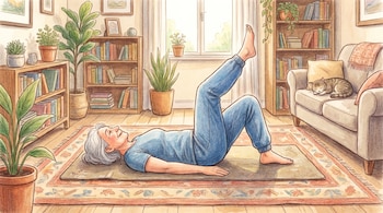Ilustración de una mujer mayor de cabello blanco, ropa deportiva azul, recostada boca arriba en el suelo, levantando una pierna en un salón hogareño con estanterías, plantas y un gato dormido en un sofá.