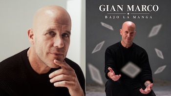 Dos fotografías de Gian Marco vestido de negro junto al texto de su nombre, el título Bajo La Manga y naipes en el aire
