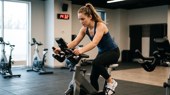 Una mujer entrena en una bicicleta fija dentro de un gimnasio con otros equipos al fondo y un reloj digital en la pared.