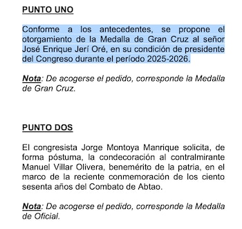 Documento con dos puntos. El primero propone la Medalla de Gran Cruz a José Jerí para 2025-2026. El segundo solicita condecoración póstuma a Manuel Villar