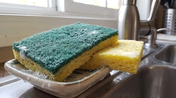 Primer plano de una esponja de limpieza verde y amarilla sobre un soporte cerámico y una esponja amarilla más pequeña en un fregadero de cocina de acero inoxidable.