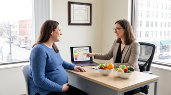 Una mujer embarazada y una nutricionista sentadas frente a un portátil con un gráfico de alimentos, dos cuencos con frutas y verduras, y un certificado en la pared.