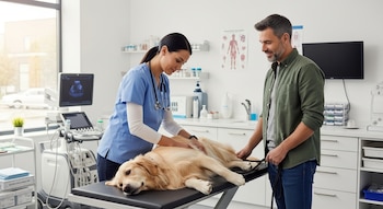 Una veterinaria con uniforme azul examina a un perro golden retriever en una camilla. Un hombre sostiene la correa del perro. Al fondo se ven equipos médicos y estantes.