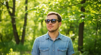Un hombre con gafas de sol oscuras y camisa de mezclilla azul, de pie en un entorno natural con árboles y hojas verdes brillantes y desenfocadas al fondo.