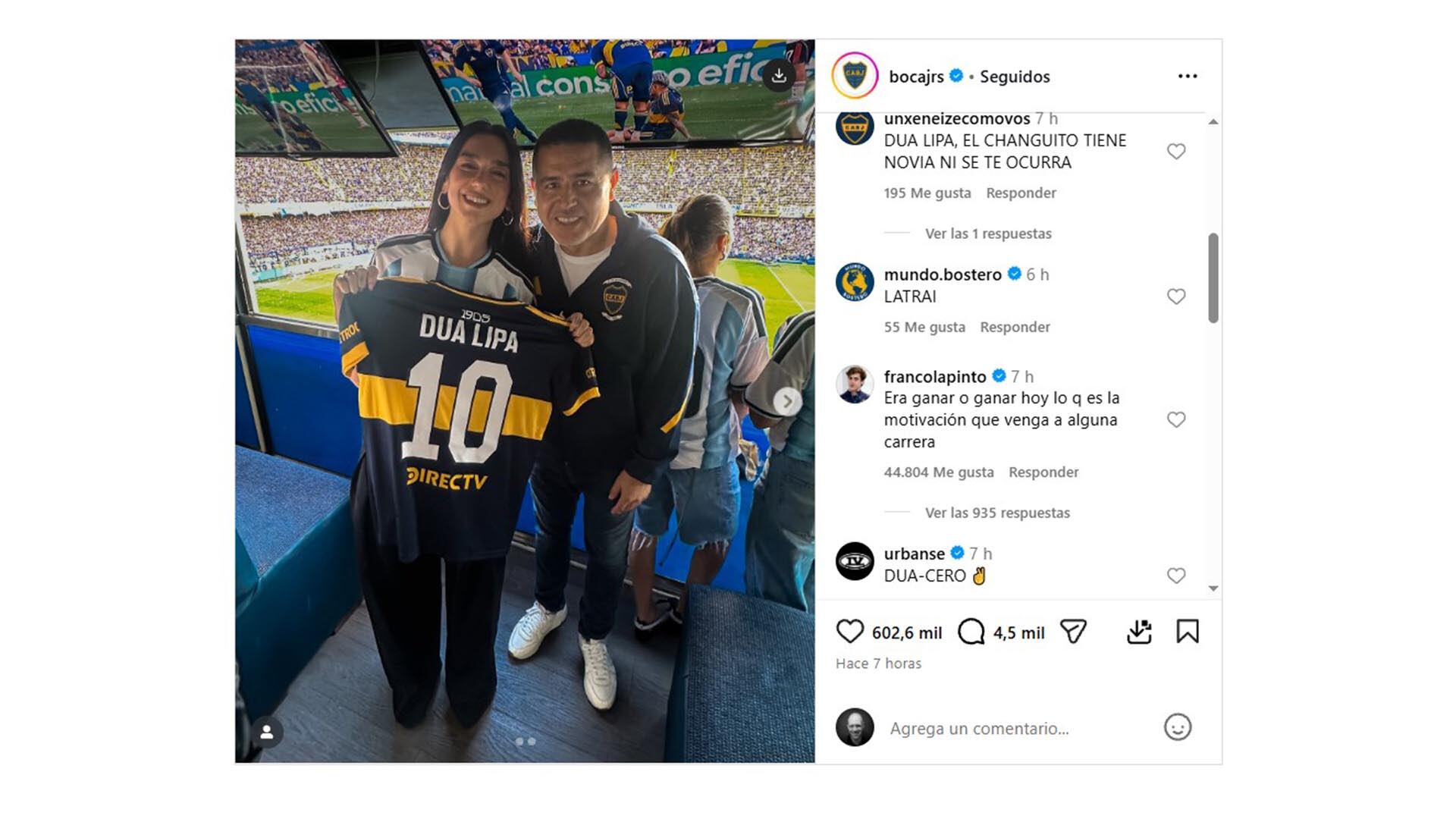 El pedido de Colapinto para Dua Lipa tras su presencia en La Bombonera