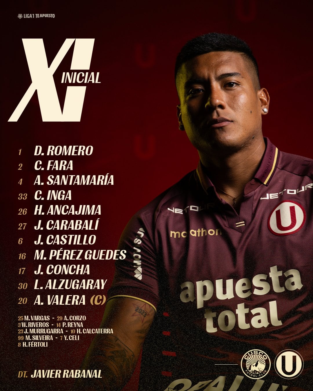 Once de Universitario para el duelo ante Cusco FC por Liga 1 2026.