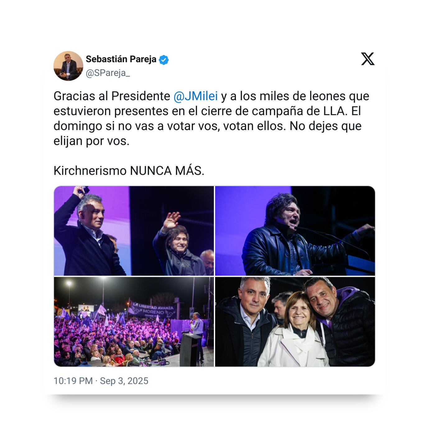 Sebastián Pareja prefirió un una estrategia propia. Agradeció al Presidente y subió una foto con él