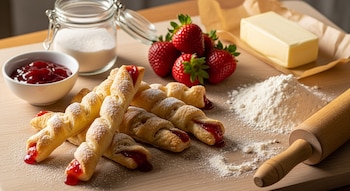 Palitos de hojaldre con mermelada de frutilla y azúcar glas sobre tabla de madera, junto a fresas, harina, mantequilla, mermelada en cuenco y azúcar en tarro.