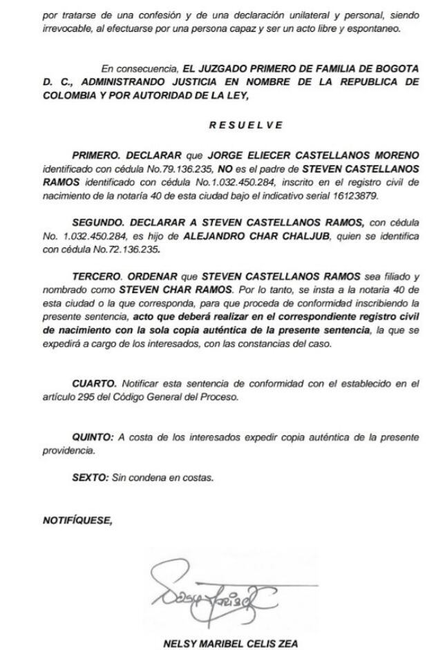 Tribunal de Bogotá confirma la paternidad de Alejandro Char sobre hijo no reconocido