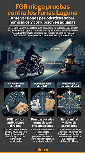 Ilustración de un motociclista pasando un puesto de aduanas por la noche, un mazo judicial y tres paneles informativos sobre la postura de la FGR y el crimen organizado.