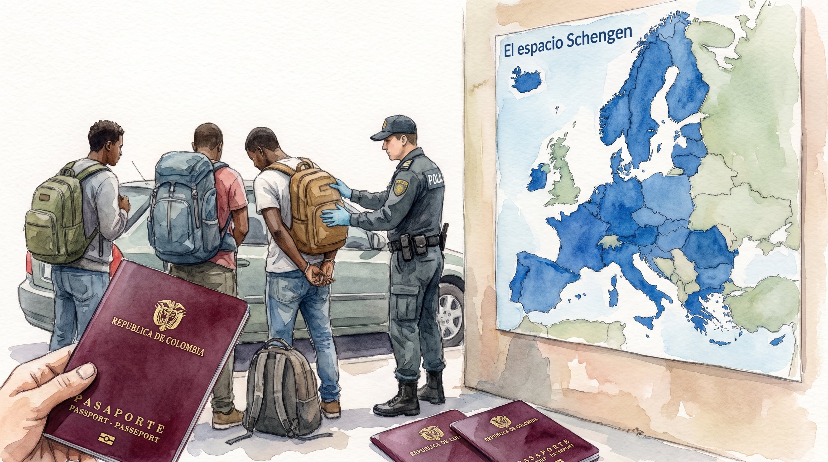 Un agente policial realiza un control a tres personas junto a un mapa del espacio Schengen y pasaportes de Colombia - crédito (Imagen Ilustrativa Infobae)
