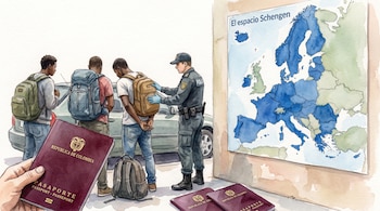 Tres personas con mochilas junto a un agente policial, pasaportes de Colombia en primer plano y un mapa titulado El espacio Schengen.