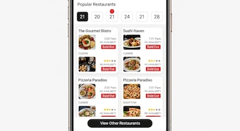 Pantalla de smartphone con una aplicación de reservas de restaurantes que exhibe la disponibilidad agotada para varios establecimientos populares.