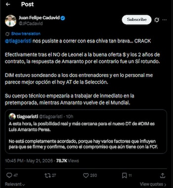 El periodista de la FM confirmó el interés del Medellín en Amaranto Perea-crédito @JFCadavid/X