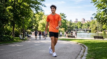 Un adolescente con camiseta naranja y pantalón corto negro camina por un sendero arbolado mientras sostiene una botella de agua.
