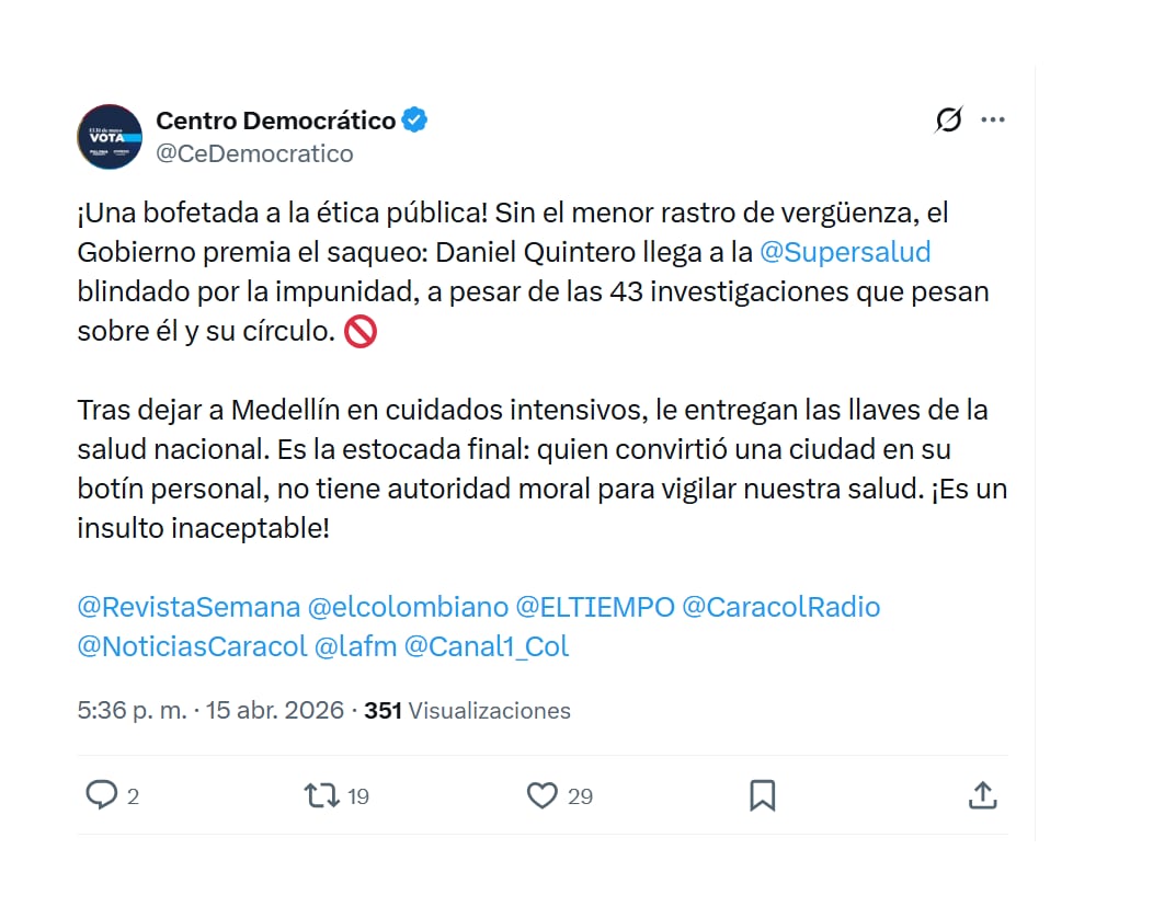 Con un duro pronunciamiento, el Centro Democrático criticó el nombramiento de Daniel Quintero en la Superintendencia de Salud, establecido por el Gobierno Petro - crédito @cedemocratico/X