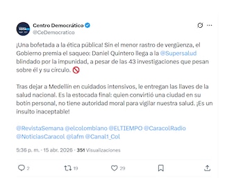 Centro Democrático y su reacción al nombramiento de Daniel Quintero en la Superintendencia de Salud