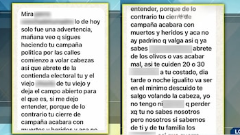 Capturas de pantalla con mensajes de texto en español que contienen advertencias y palabras censuradas con rectángulos grises