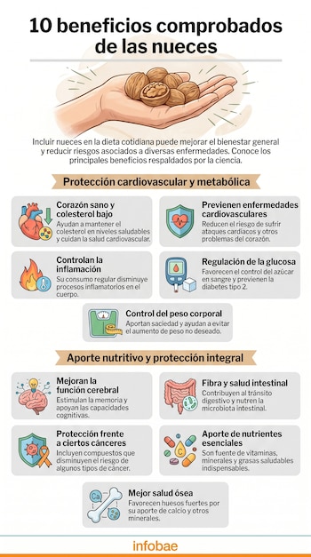 Infografía con una mano sosteniendo nueces y diez iconos que representan los beneficios de su consumo para la salud cardiovascular, cerebral, intestinal y ósea.