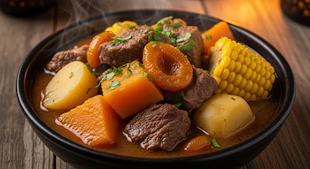 Un plato humeante de Sopa Carbonada criolla con trozos de carne, papas, zapallo naranja, choclo y orejones de durazno en un caldo. Se observa sobre una mesa de madera.