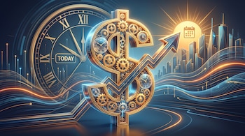 Símbolo de dólar dorado con engranajes y relojes internos, flecha ascendente, reloj de pared con números romanos y texto "TODAY", calendario en el sol sobre una ciudad.