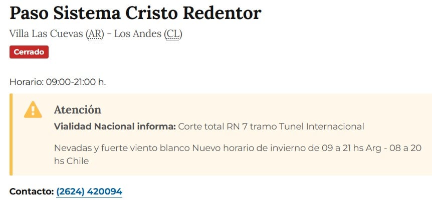 Vialidad Nacional informa el cierre total del Paso Cristo Redentor, que conecta Argentina y Chile, debido a nevadas y fuerte viento blanco. (Argentina.gob.ar)