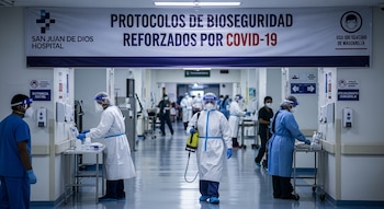 Personal médico con equipo de protección personal camina por un pasillo de hospital bajo una pancarta de "Protocolos de Bioseguridad Reforzados por COVID-19".