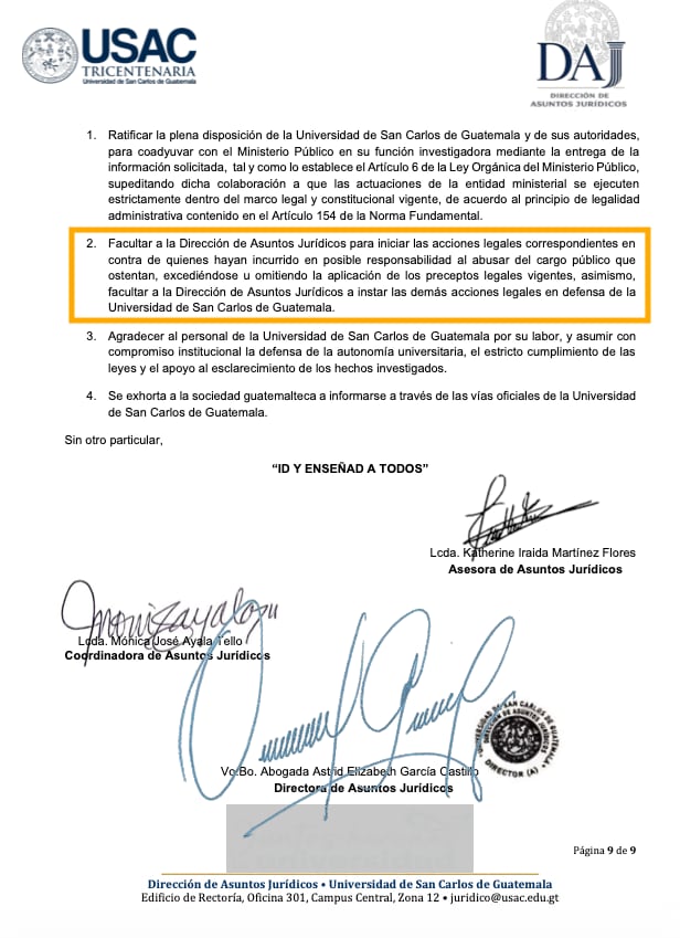 La Usac no descarta más acciones legales, incluso, contra fiscales del Ministerio Público. (Acta DAJ No. 1322-2026 de la Usac)