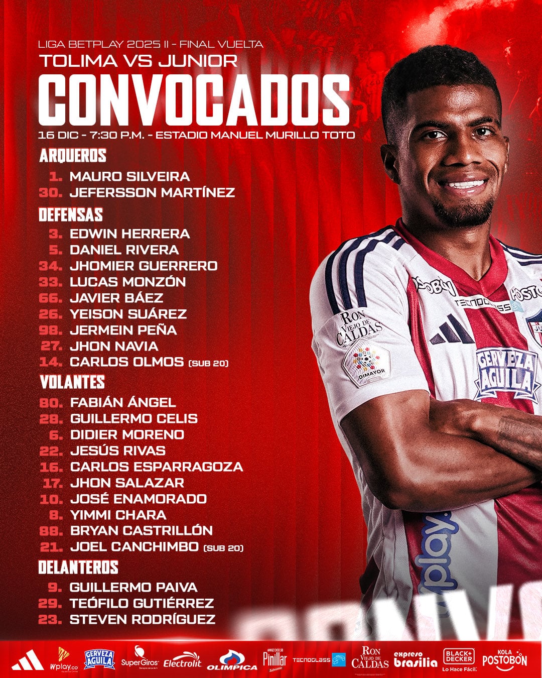 Lista de convocados del Junior para el viaje a Ibagué, donde visitará a Toima - crédito Junior FC