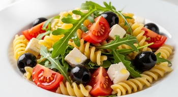 Plato de cerámica blanca con ensalada de pasta fusilli, tomates cherry partidos, hojas de rúcula, aceitunas negras y cubos de queso.