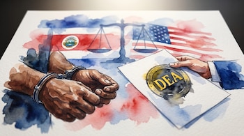 Acuarela: primer plano de manos, una esposada y otra sosteniendo un documento de la DEA. Al fondo, banderas de Costa Rica y EE.UU. con una balanza de justicia.