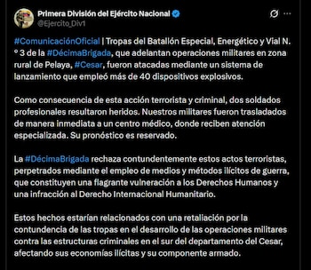 La Primera División del Ejército Nacional informó que el Batallón Especial, Energético y Vial N.º 3 de la Décima Brigada fue blanco de un sistema de lanzamiento múltiple con artefactos no tripulados - crédito @Ejercito_Div1 / X