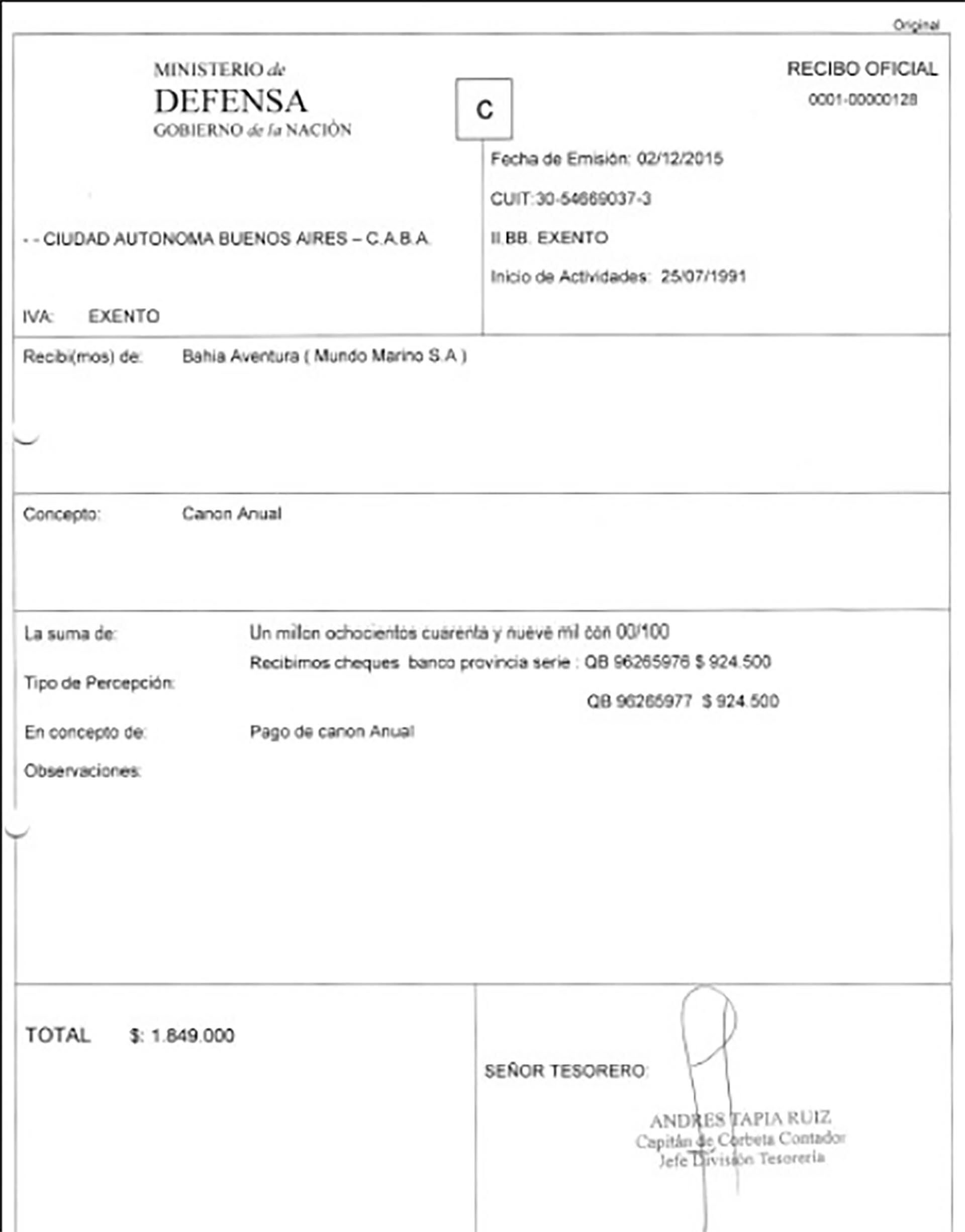 El recibo de la operación firmado por Tapia Ruiz, parte de la causa