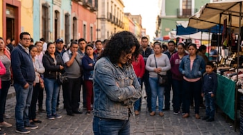 Mujer con chaqueta vaquera y cabello oscuro de pie sola en plaza adoquinada, rodeada por gente que la mira fijamente. Edificios de colores al fondo.