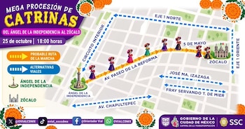 Mapa vial con el trayecto del Ángel de la Independencia al Zócalo, figuras de catrinas, rutas alternas marcadas con flechas y logotipos oficiales