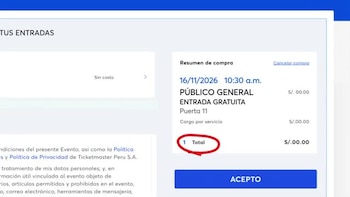 Formulario web con un resumen de compra a costo cero soles, fecha de noviembre de 2026, un círculo rojo sobre el total y un botón que dice ACEPTO