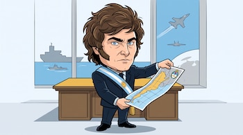 Caricatura de Javier Milei con banda presidencial sosteniendo un mapa junto a un escritorio, con embarcaciones y aviones al fondo.