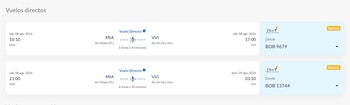Captura de pantalla de un sitio web que muestra dos vuelos directos con origen en Miami y destino Viru Viru, con fechas, horarios, duración y precios de BoA